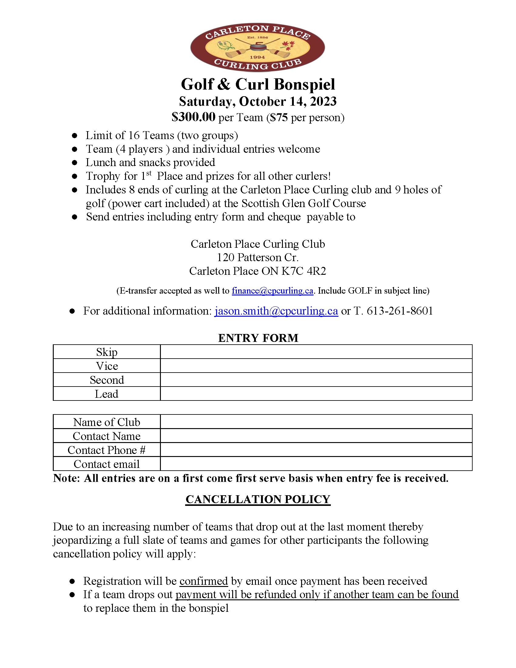 Golf Curl Bonspiel 2023 Registration Form