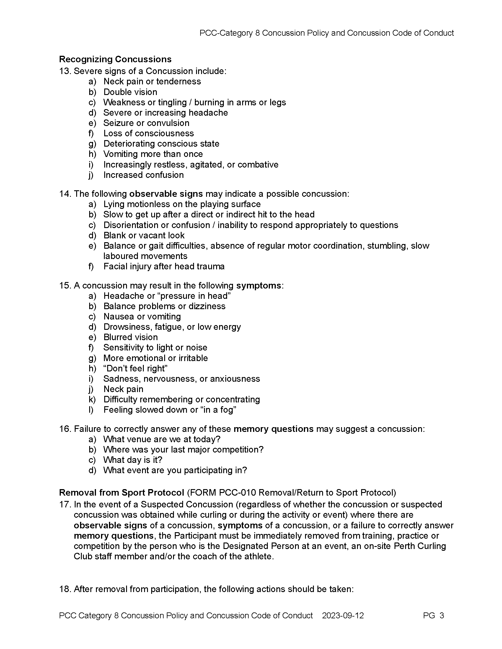PCC Category 8 Concussion Policy and Concussion Code of Conduct 2023 09 12 FINALdocx 3 for posting Page 03